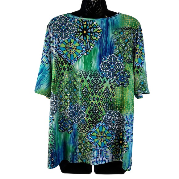 Susan Graver Women Large Green Blue Mosaic Geometric Tunic Top Split Sleeve Ring - Picture 3 of 16